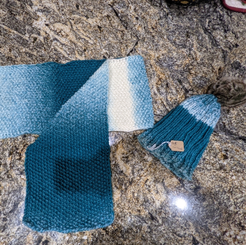 Teal and white knitted hat and scarf set